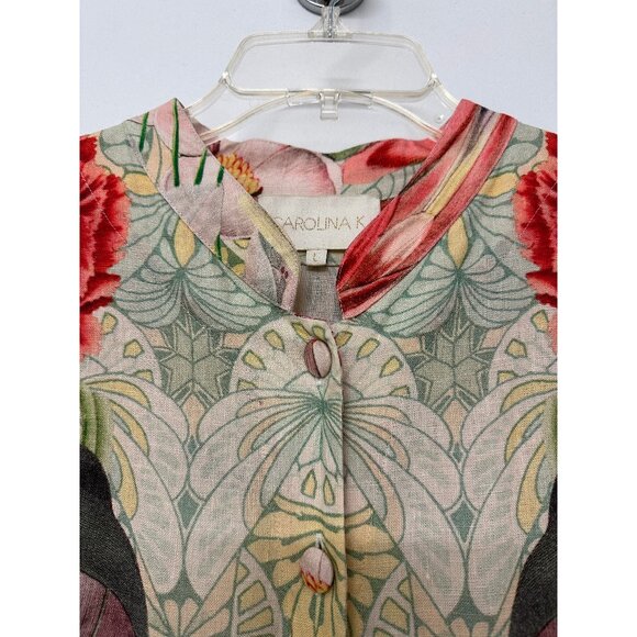 Carolina K Flamingo Bird Print Midi Shirt Dress Floral Tropical Red Linen L - Picture 4 of 13